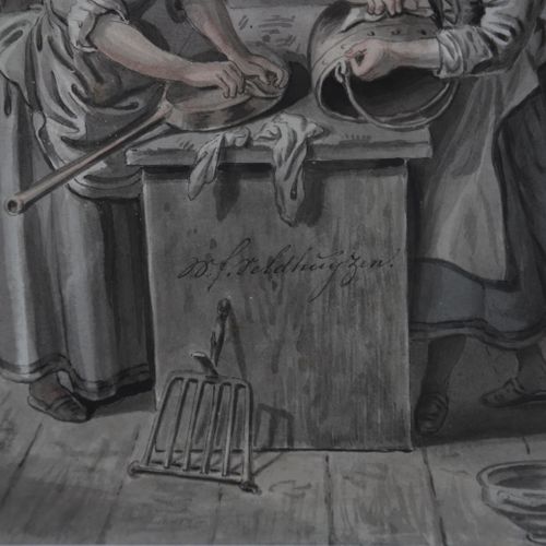 Null 厨房女佣在工作，背景中的优雅女士进入厨房。部份是彩色的。右下方有签名。

纸上深褐色，19 x 27 cm。