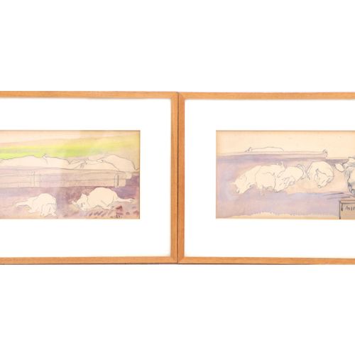 Null Set of two works on paper from the series 'Pigs in stables'. Watercolor and&hellip;