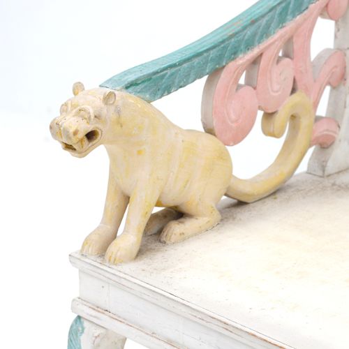 Null A painted wooden hall bench. The handrails in the shape of feline. Dim. 99x&hellip;