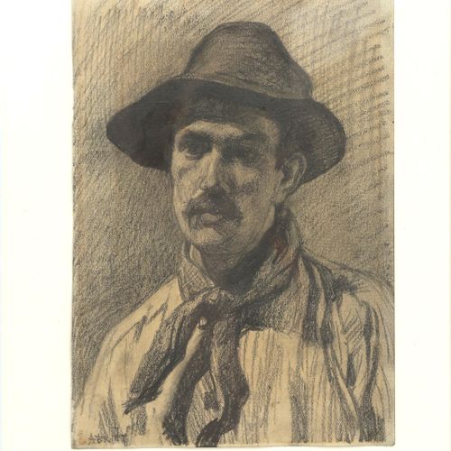 Null Portrait d'un homme avec moustache et chapeau, signé 'A Briet' en bas à dro&hellip;