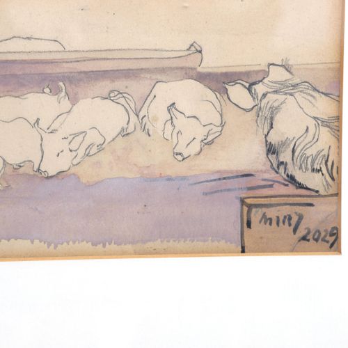 Null 一套两幅纸上作品，来自《马厩里的猪》系列。纸上水彩和铅笔，分别为13 x 23厘米。