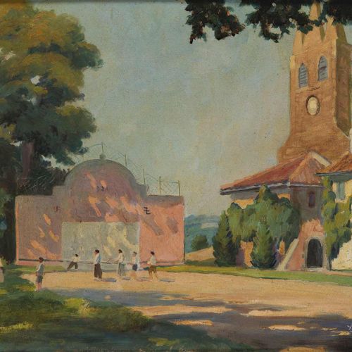 Null 90. Yvon MASSÉ (1892-1957).Fronton et église de Lahonce.Huile sur toile, si&hellip;