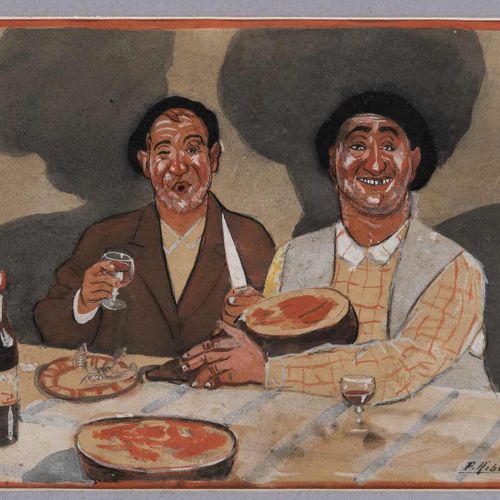 Null 1. Pedro RIBERA (1867-1949). Scène de taverne.Gouache et aquarelle sur papi&hellip;