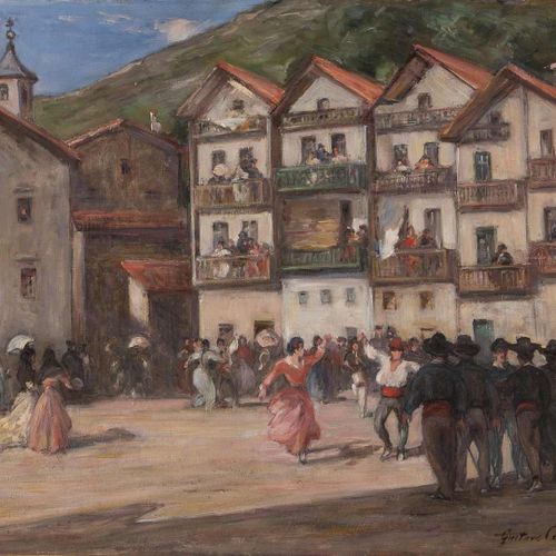 Null 16. Gustave Henri COLIN (1828-1910). Fandango sur une place.Huile sur toile&hellip;