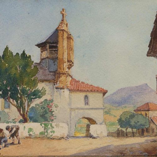 Null 47. Célestin LIETAER (1874-1951).Joueurs de billes devant l’église de Bidar&hellip;