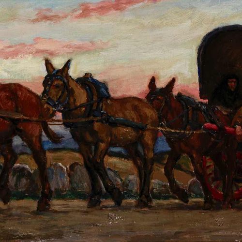 Null 19. René Maxime CHOQUET (1872-1958). Attelage de mules.Huile sur panneau, s&hellip;