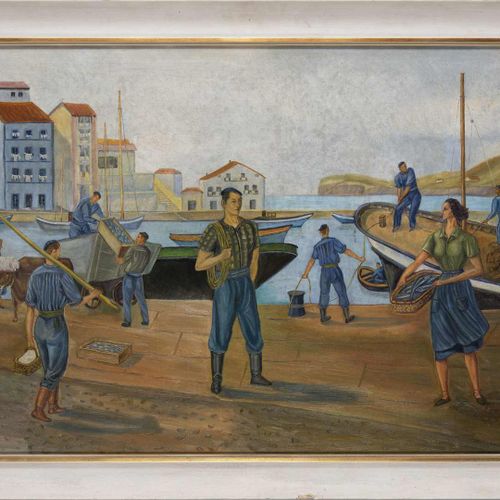 Null 85. École basque (milieu XXe siècle).Les pêcheurs.Huile sur toile, non sign&hellip;