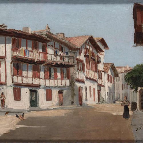 Null 4. Ferdinand CORRÈGES (1844-1904). Ciboure, rue de la Fontaine.Huile sur pa&hellip;