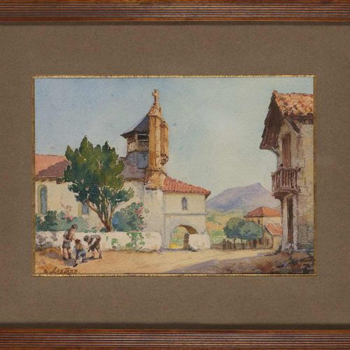 Null 47. Célestin LIETAER (1874-1951).Joueurs de billes devant l’église de Bidar&hellip;