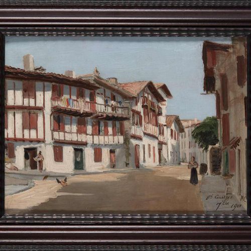 Null 4. Ferdinand CORRÈGES (1844-1904). Ciboure, rue de la Fontaine.Huile sur pa&hellip;