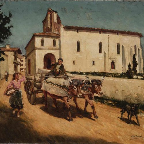 Null 36. Léon FAURET (1863-1955).Char à bœufs devant l’église de Bidart.Huile su&hellip;