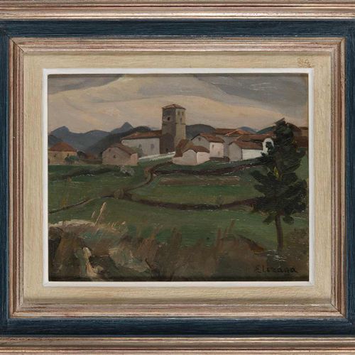 Null 43. Hélène ELIZAGA (1896-1981). Vue de village, pays basque.Huile sur panne&hellip;