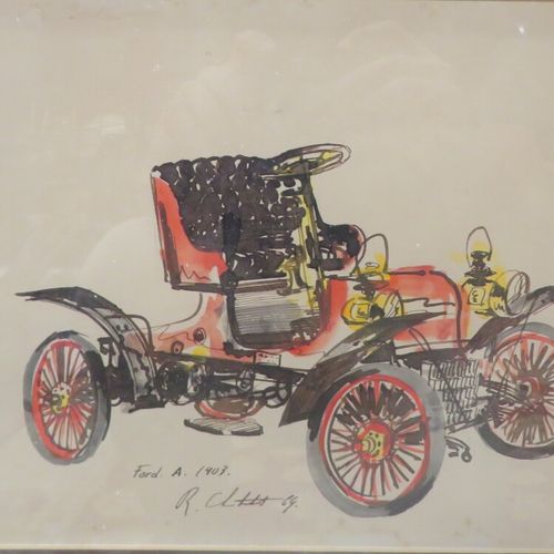 Null 8 aquarelles représentant des voitures comprenant: "Columbia 1907", "Emile &hellip;