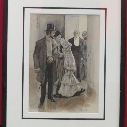 Null Henry GOUSSE (1872-1914) "Couple prenant congé" fusain et aquarelle sur pap&hellip;