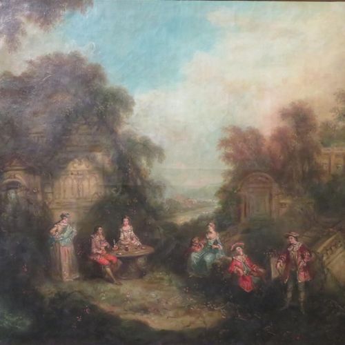 Null Ecole Française XVIIIème-XIXè dans le goût de Watteau "Scène galante" huile&hellip;
