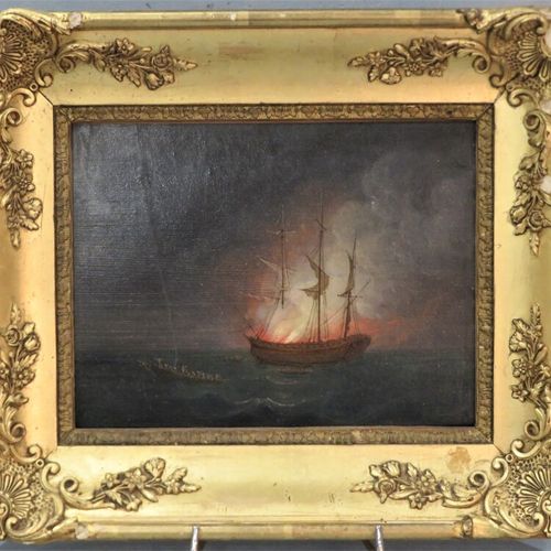 Null Ecole XIXè " Incendie à bord d'un trois mâts-barque" huile sur toile 16 x 2&hellip;