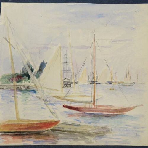 Null Paule GOBILLARD (1869-1945) " Requins au port" aquarelle monogrammée P..G .&hellip;