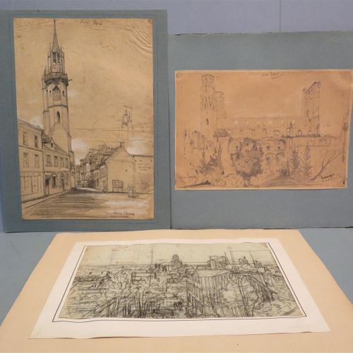 Null Lot de trois dessins Frédéric LEGRIP (1817-1871), 

-"Vue de l'abbaye de Ju&hellip;