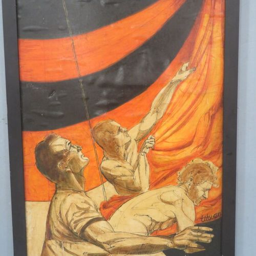 Null Titouan LAMAZOU (1955) " A la manoeuvre" encre et aquarelle sur papier maro&hellip;