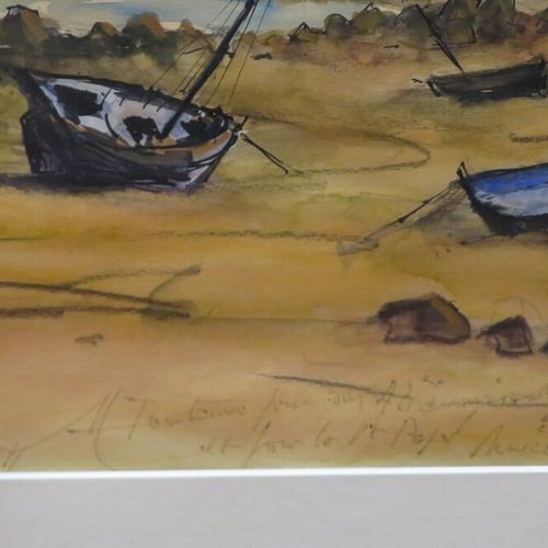 Null P.JOUSSE (XXè) " Barques échouées à marée basse" gouache et aquarelle signé&hellip;
