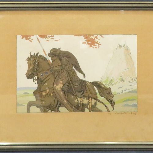 Null Ettore TITO (1859-1941) " Le Chevalier et sa Muse" lithographie au pochoir &hellip;