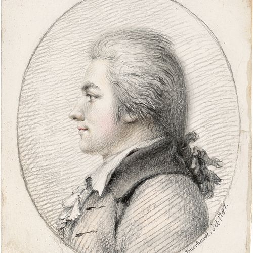 Burchardt 一个年轻人的微型画像，在画好的椭圆中，他的侧面向左，戴着粉色的假发。


签名和日期为 "Burchardt. / del. / 1787.&hellip;