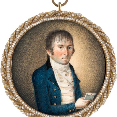 Alpenländisch Miniature portrait of a young man in blue jacket over cross-stripe&hellip;