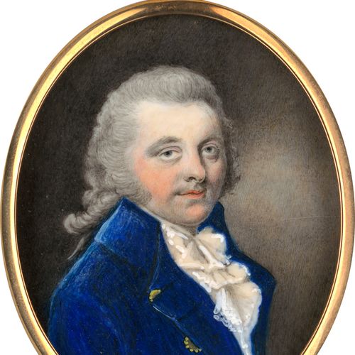 Thick(e), William 一个戴着粉色假发、身穿蓝色外套和白色长袍的年轻男子的微型肖像画。象牙上的水彩和阿拉伯胶。6,5 x 5,2厘米（椭圆形）。鎏&hellip;
