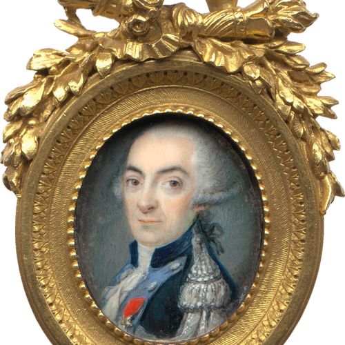 Französisch 1779年/1784年。军官的微型画像，梳着假发，穿着法国皇家Chevau-légers第三团（1779-1784年）的蓝色制服外套，有&hellip;