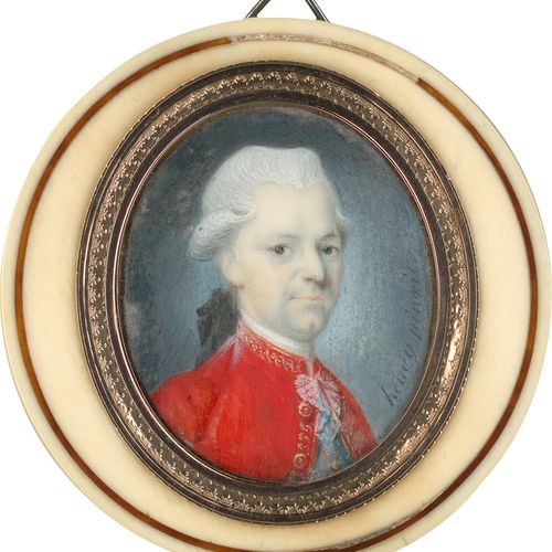 HENRY Portrait miniature d'un homme en perruque poudrée, vêtu d'une veste rouge &hellip;