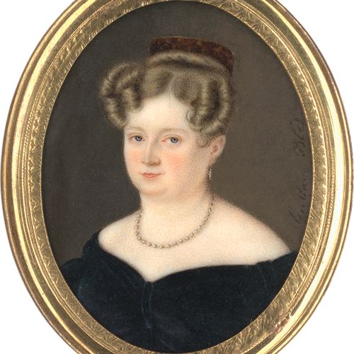 Blés (auch Blès), Gustave 一个年轻女子的微型画像，深金色的头发上梳着玳瑁，穿着黑色的裙子，戴着珍珠首饰。


签名为 "Gustave&hellip;