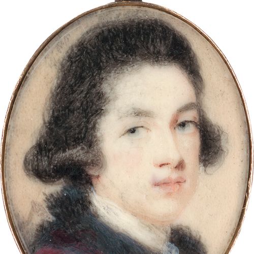 Humphrey, Ozias 一个戴着黑色假发的年轻人的微型画像，他穿着一件毛皮镶边的旧粉红色外套，脖子上有白色的丝带。象牙上的水彩和阿拉伯胶。3,6 x 2&hellip;