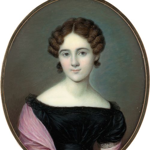 Ott, Fridolin 一个棕色卷发的年轻女子的微型画像，身穿黑色连衣裙，披着一条粉红色的旧披肩。象牙上的水彩和阿拉伯胶（最初是在上缘装裱）。7,7 x 6&hellip;