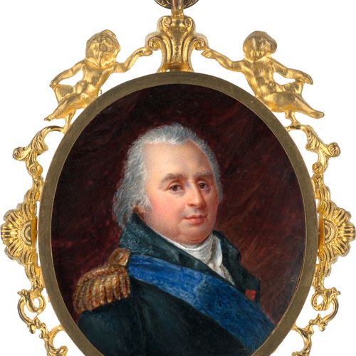 Französisch 1815年左右，法国国王路易十八（1755-1824）的微缩画像，头发涂满了粉，穿着深蓝色的制服，上面有金色的肩章和蓝色的圣埃斯普利特勋&hellip;