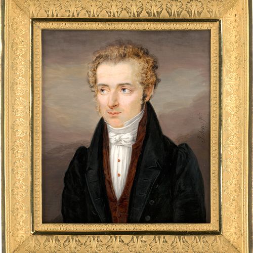 Johns, Henri Portrait miniature d'un jeune homme aux cheveux blonds bouclés, reg&hellip;