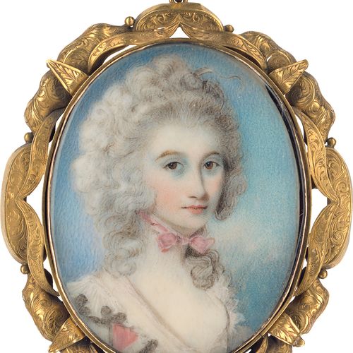 Engleheart, George - Umkreis 周长。一个年轻女子的微型画像，她戴着粉色卷发的假发，脖子上有一个粉色蝴蝶结，穿着白色的裙子。象牙上的水&hellip;