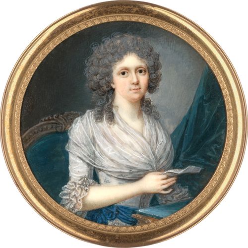 Norditalienisch 约1785/1790.微缩画像，一个年轻的女人，灰色的粉状卷发，穿着白色的连衣裙，有纱质的fichu和褶皱的袖子，右手拿着一封信&hellip;