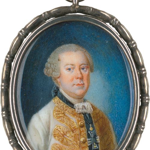 Europäisch 洛林公爵查尔斯-亚历山大的微型画像，他戴着灰色的假发，身穿带有金色边框的白色制服外套，脖子上挂着条顿骑士团大团长的十字架。象牙上的水彩和阿&hellip;