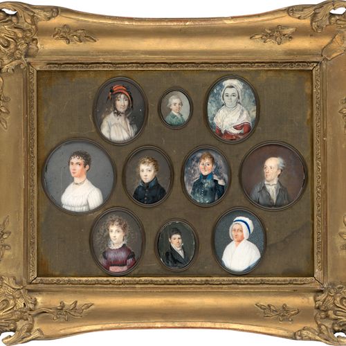 Französisch 一组10幅微型画的画框：其中有5幅女性肖像，4幅男性肖像，1幅儿童肖像。其中9幅象牙上的水彩和阿拉伯胶，1幅牛皮纸。3至6厘米之间（6个&hellip;