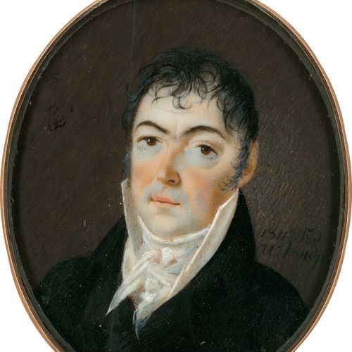 Russisch 1811. Ritratto in miniatura di un uomo in giacca nera con gilet bianco &hellip;
