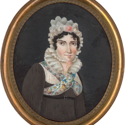 Osteuropäisch 1821. Miniature portrait of a woman with white lace bonnet, wearin&hellip;