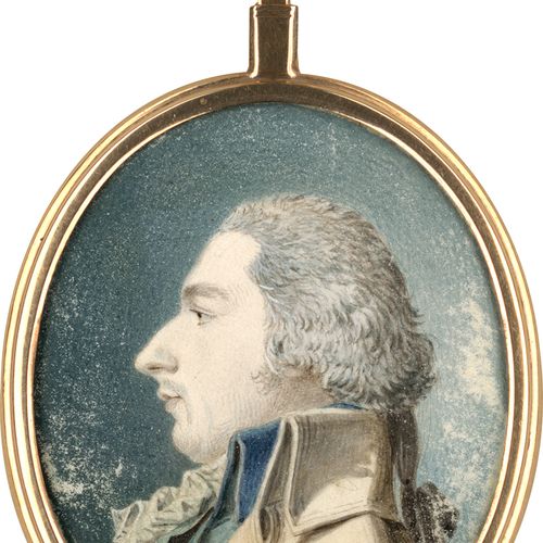 Wocher, Marquard 约翰-乔治-布克哈特（Johann Georg Burckhardt）左侧的微型肖像，身穿奶油色夹克，浅蓝色马甲，白色蕾丝长袍&hellip;