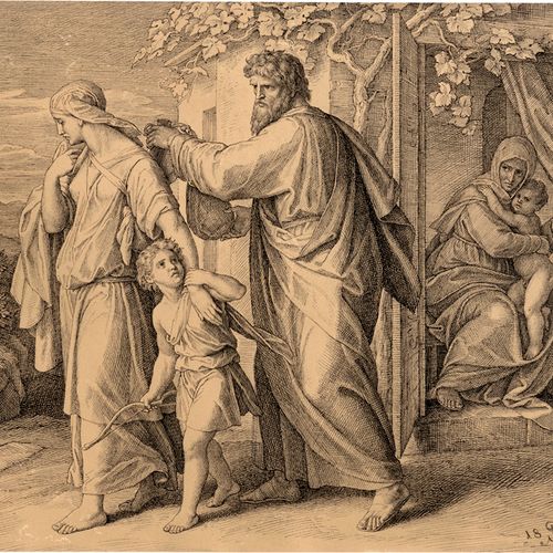 Schnorr von Carolsfeld, Julius 驱逐以实玛利和他的母亲（亚伯拉罕斥责夏甲）。


灰色的笔墨画，上面有红色粉笔的痕迹，在水波纹纸（&hellip;