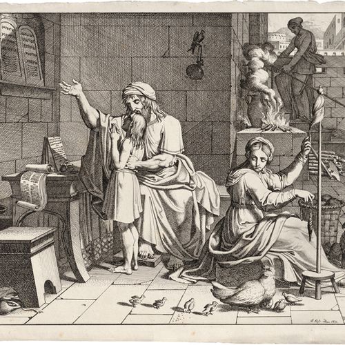 Russ, Carl 托比亚斯向他的儿子展示了法律的石板。


梭织纸上的蚀刻画。31,3 x 41,1厘米。1811年，纳格勒20岁。