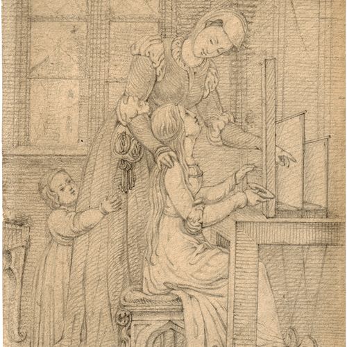 Naeke, Gustav Heinrich 织机上的指示。


铅笔在棕色的编织纸（papier vélin）上。11,8 x 8厘米。约1819年。