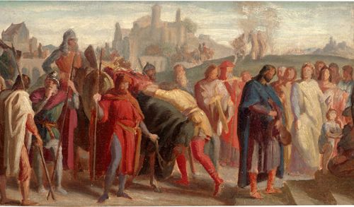 Schnorr von Carolsfeld, Julius 尼伯龙之歌》中的场景：埃策尔国王的哀悼使者报告了勃艮第人的垮台。


布面油画，安装在纸板上。18&hellip;