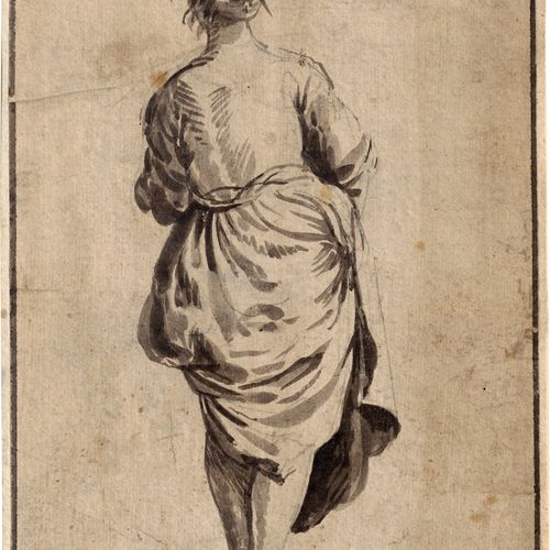 Niederländisch 17th century back view of a standing young woman with gathered sk&hellip;