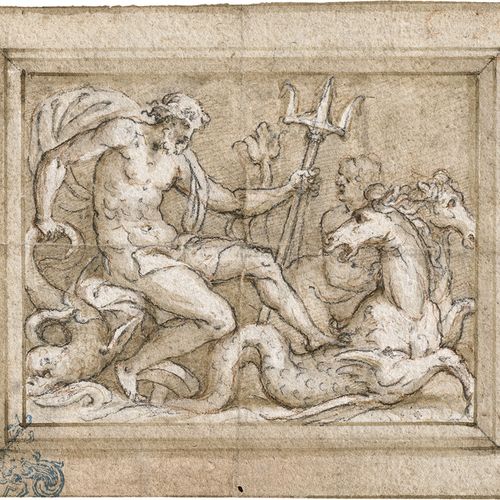 Campi, Bernardino 海王星在他的战车上，由河马拉动。



黑色粉笔和红色粉笔，棕色的钢笔画，棕色水洗，用白色加高，旧裱。9,2 x 11,3厘&hellip;