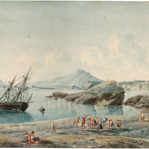 Deutsch 1780年左右，那不勒斯湾上的船客。



在D&C Blauw手工纸上，用黑色和棕色的水彩和钢笔墨水画在石墨上。29,7 x 47,4厘米。