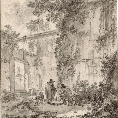 Cabel, Adrian van der Deux randonneurs avec leur chien entre des ruines romaines&hellip;